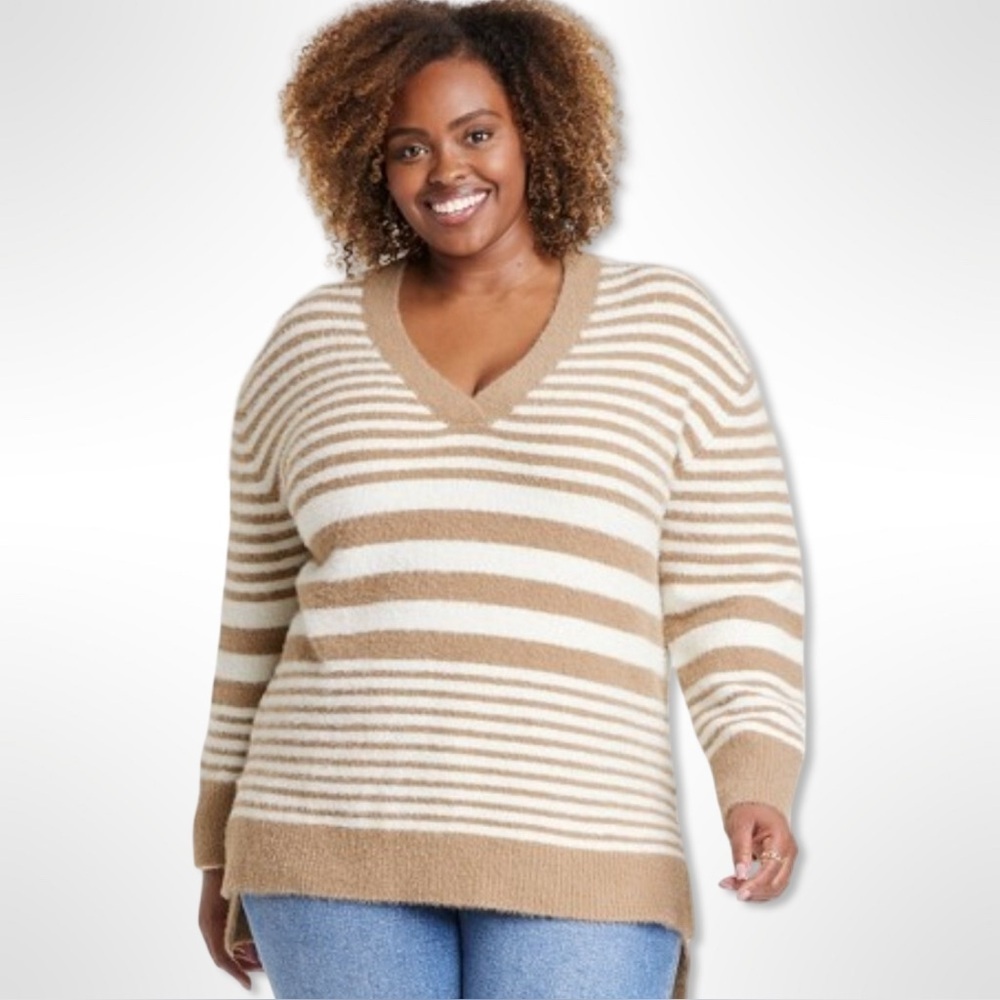 Ava and Viv Fuzzy V-Neck Striped Tunic  Sweater Plus Size 3XL Cozy Fluffy Knit
